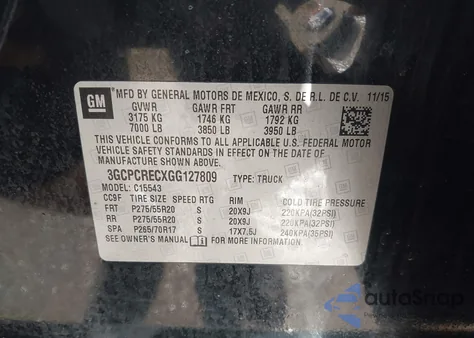 2016 Chevrolet Silverado 1500 1Lt from USA, damaged, VIN 3GCPCRECXGG127809